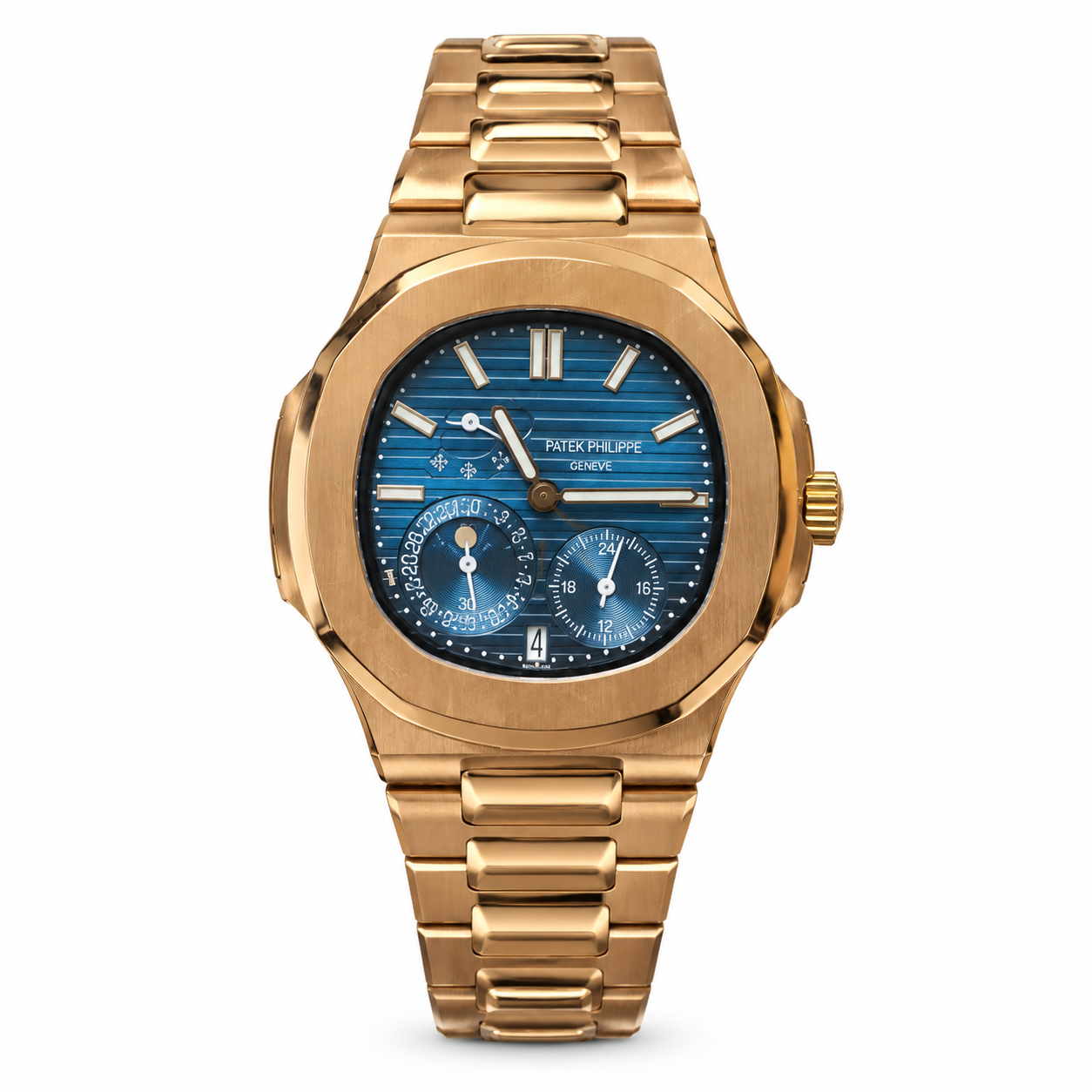 Premium high-grade rose gold automatic watch with blue textured dial, rose gold indices, date window, and rose gold stainless steel bracelet
