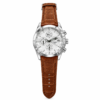 Silver chronograph watch with white dial, three working sub-dials, tachymeter bezel, and brown leather strap.