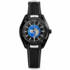 Worldtimer style watch with black case, blue world map dial, city markers, date window, and black rubber strap.