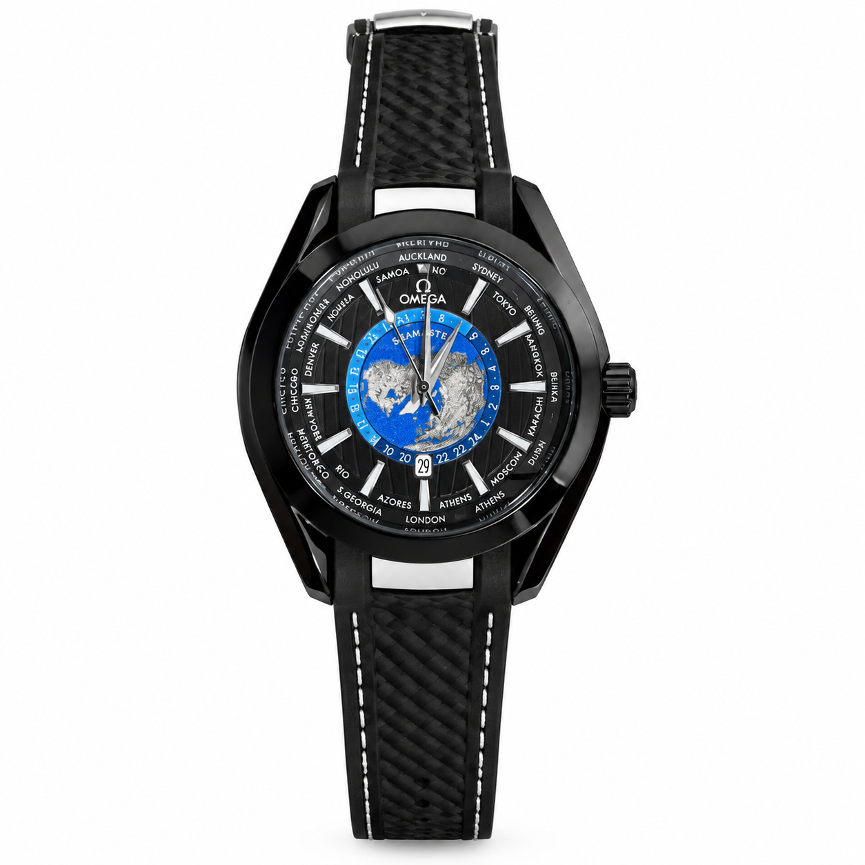Worldtimer style watch with black case, blue world map dial, city markers, date window, and black rubber strap.