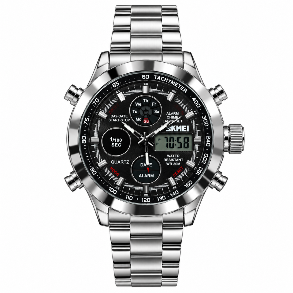 SKMEI 1515 analog-digital watch with silver stainless steel bracelet, tachymeter bezel, and chronograph functions.