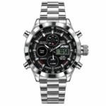 SKMEI 1515 analog-digital watch with silver stainless steel bracelet, tachymeter bezel, and chronograph functions.