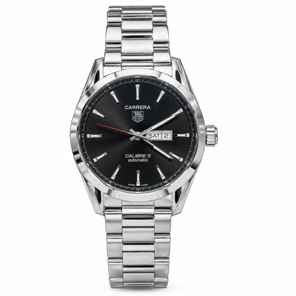 Classic day-date watch with black sunburst dial, silver indices, red seconds hand, and stainless steel bracelet.