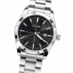 CARTISI classic watch with black dial, silver baton indices, date window, and stainless steel bracelet.