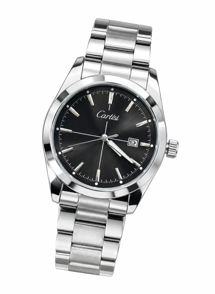 CARTISI classic watch with black dial, silver baton indices, date window, and stainless steel bracelet.