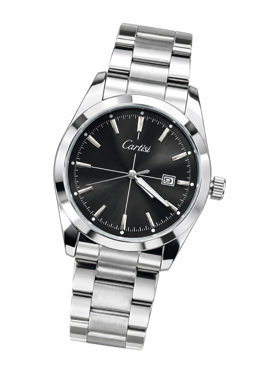 CARTISI classic watch with black dial, silver baton indices, date window, and stainless steel bracelet.