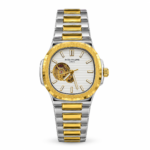 Two-tone automatic open-heart watch with white textured dial, gold bezel, and stainless steel bracelet.