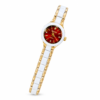 RGENS ceramic ladies watch with red crystal dial and white and gold two-tone bracelet.