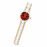 RGENS ceramic ladies watch with red crystal dial and white and gold two-tone bracelet.