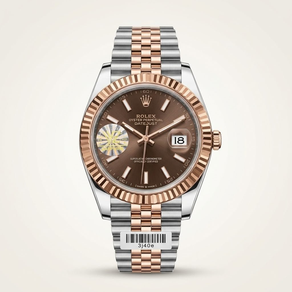Premium two-tone automatic watch with chocolate dial, rose gold fluted bezel, and two-tone jubilee bracelet.
