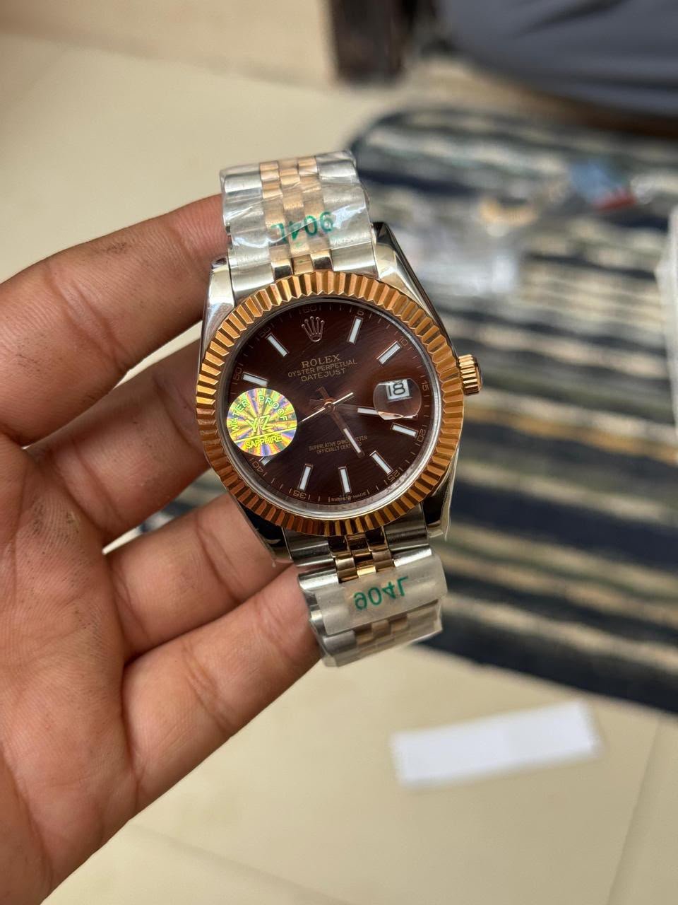 Premium Two-Tone Automatic Watch – Chocolate Dial & Rose Gold Fluted Bezel Hover Image