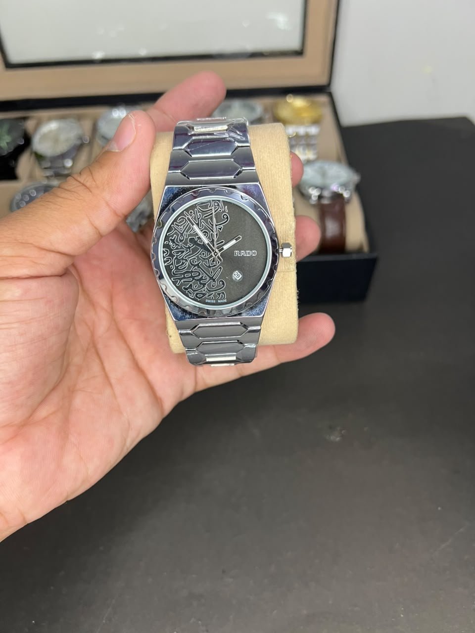Silver Art Dial Watch – Black Dial with Silver Abstract Pattern Hover Image