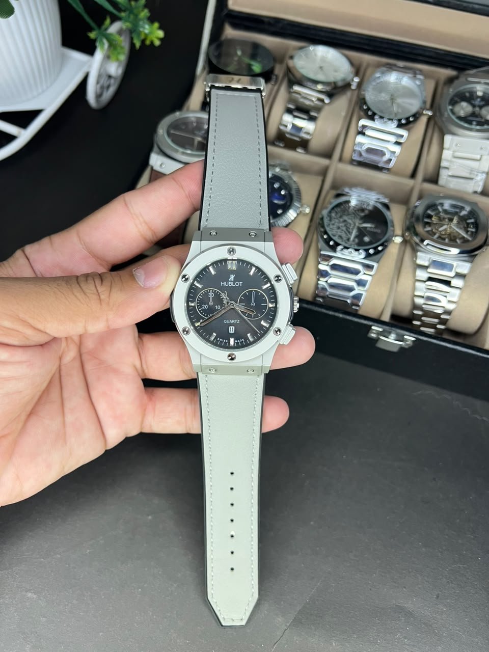 Silver Chronograph Style Watch – Black Dial & Grey Leather Strap Hover Image