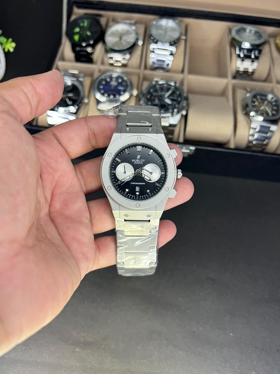 Silver Sport Watch – Black Dial with Sub-Dials & Steel Bracelet Hover Image