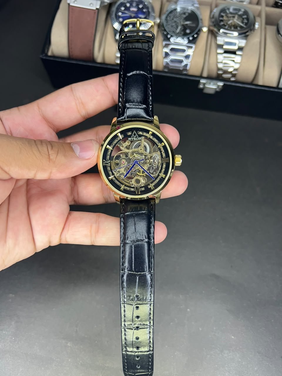 Fitron Automatic Skeleton Watch – Gold Case & Black Leather Strap Hover Image