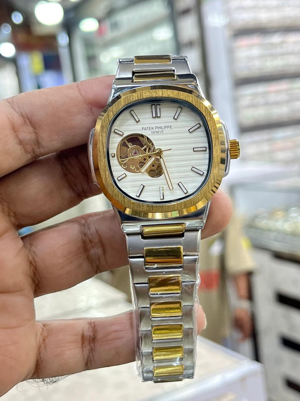 Patek Philippe Two-Tone Automatic Open-Heart Watch – White Dial & Gold Bezel Hover Image
