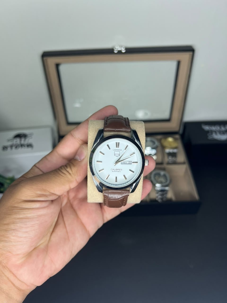 Silver Classic Dress Watch – Arabic Day-Date & Brown Leather Strap Hover Image