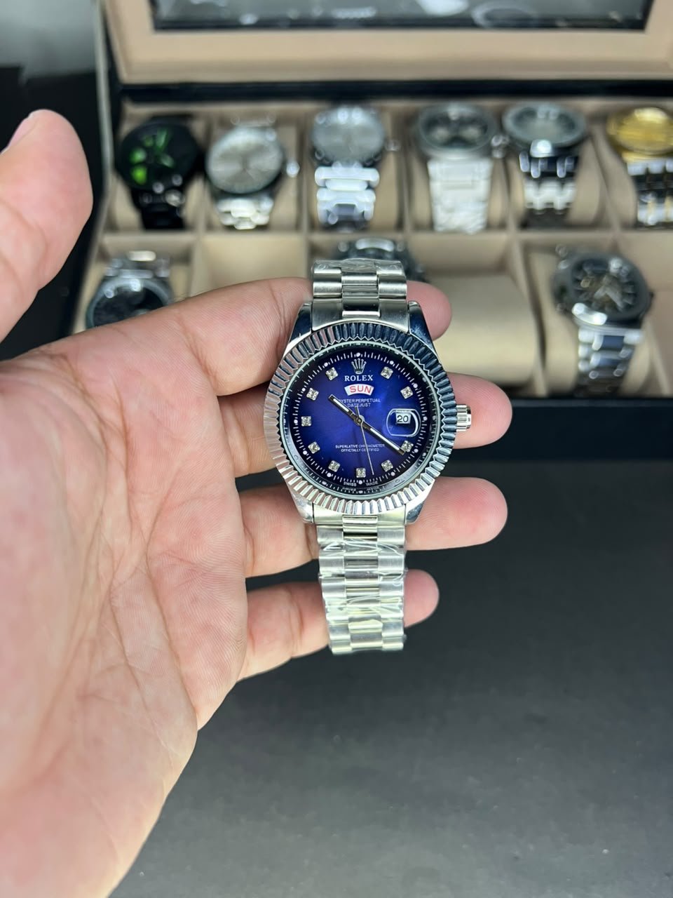 Silver Men's Watch – Blue Dial, Crystal Markers & Fluted Bezel Hover Image