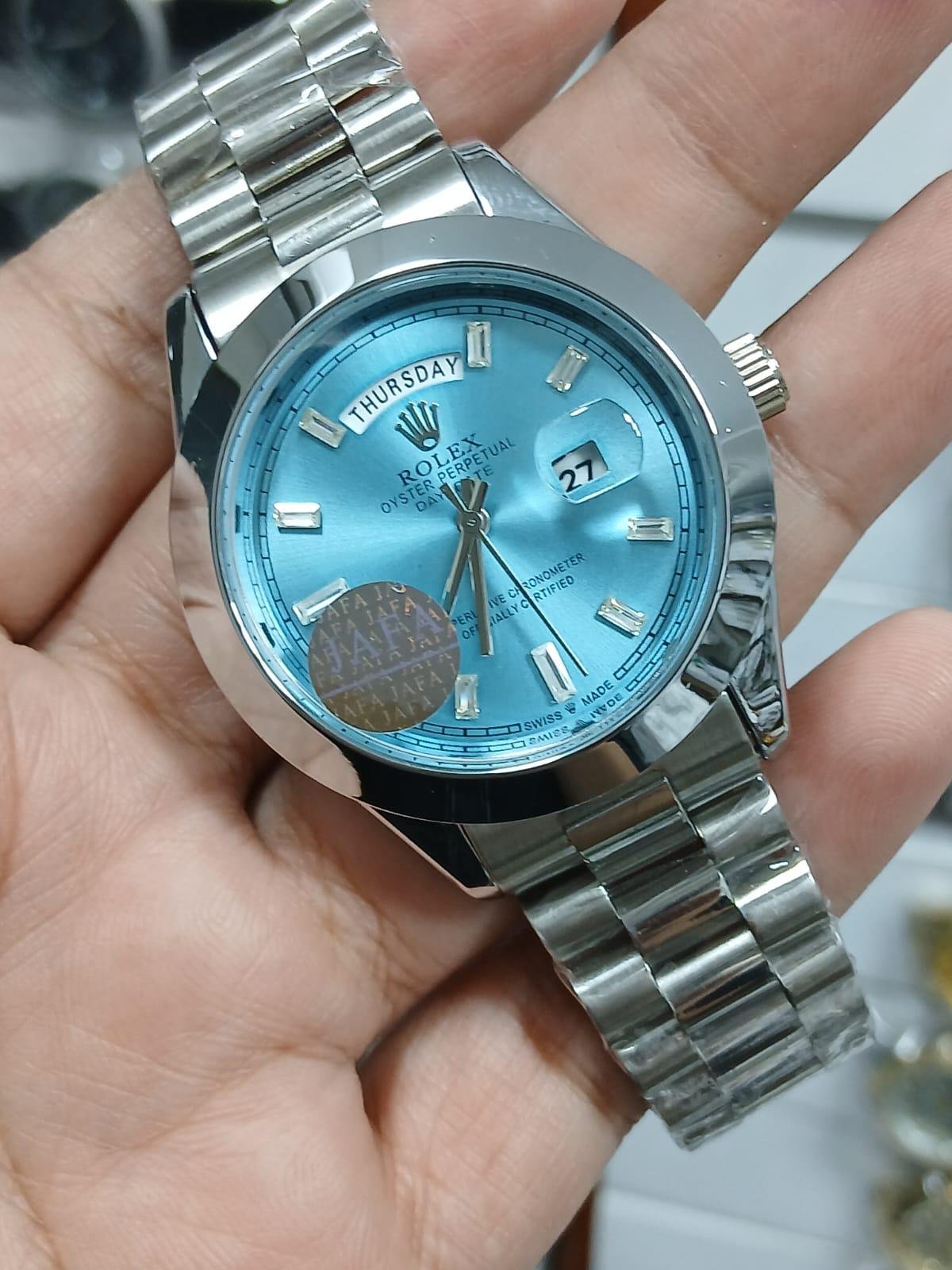 Silver Classic Watch – Blue Roman Dial & Day-Date (Multiple Colors) Hover Image