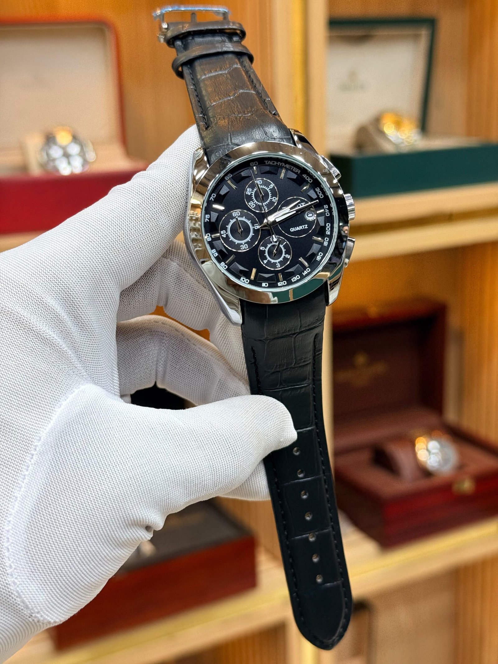 Silver Chronograph Watch – White Dial & Brown Leather Strap (Working Chrono) Hover Image