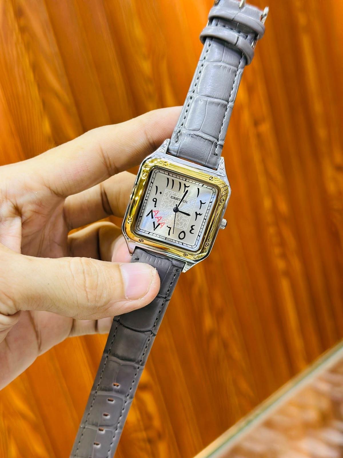 Arabic Dial Square Watch – Two-Tone Case & Leather Strap (Multiple Colors) Hover Image