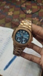 Premium Rose Gold Integrated Watch – Blue Textured Dial & Heavy Bracelet Hover Image