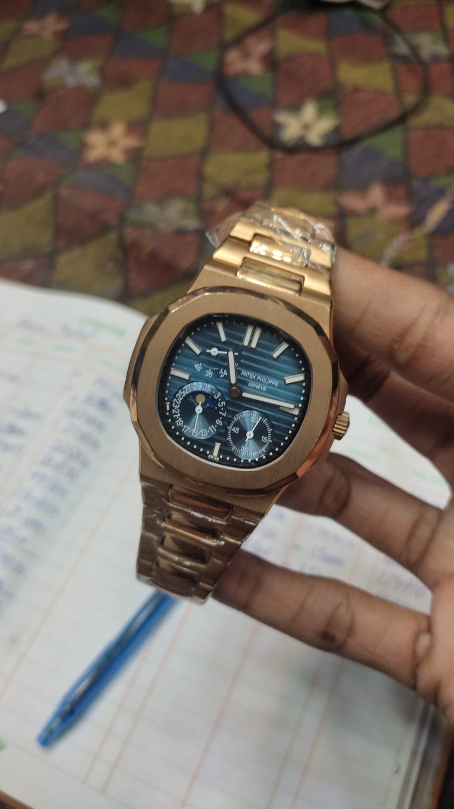 Premium Rose Gold Integrated Watch – Blue Textured Dial & Heavy Bracelet Hover Image