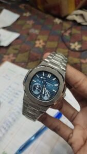 Premium Silver Automatic Watch – Blue Textured Dial & Heavy Steel Bracelet Hover Image