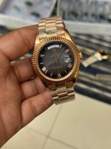 Premium Rose Gold Day-Date Watch – Black Roman Dial & President Bracelet Hover Image