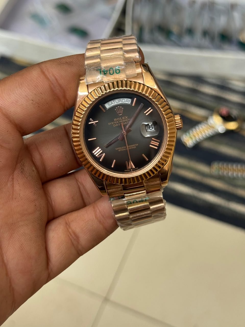 Premium Rose Gold Day-Date Watch – Black Roman Dial & President Bracelet Hover Image