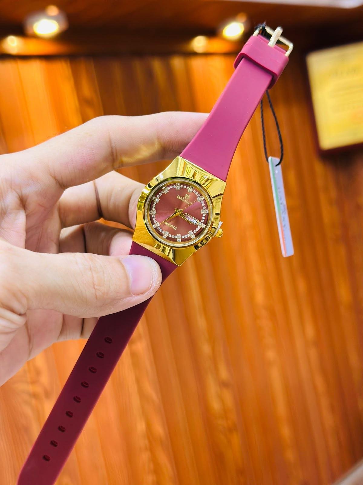GALAXY Ladies Watch – Crystal Dial, Day-Date & Silicone Strap (Multiple Colors) Hover Image