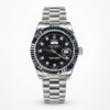 Silver men's luxury watch with black dial, crystal hour markers, fluted bezel, day-date window, and silver president bracelet.