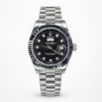 Silver men's luxury watch with black dial, crystal hour markers, fluted bezel, day-date window, and silver president bracelet.