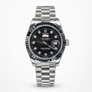 Silver Men's Watch – Black Dial, Crystal Markers & Fluted Bezel