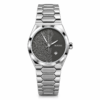 Silver-tone watch with a black art dial, silver abstract pattern, and hexagonal link stainless steel bracelet.