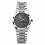 Silver-tone watch with a black art dial, silver abstract pattern, and hexagonal link stainless steel bracelet.