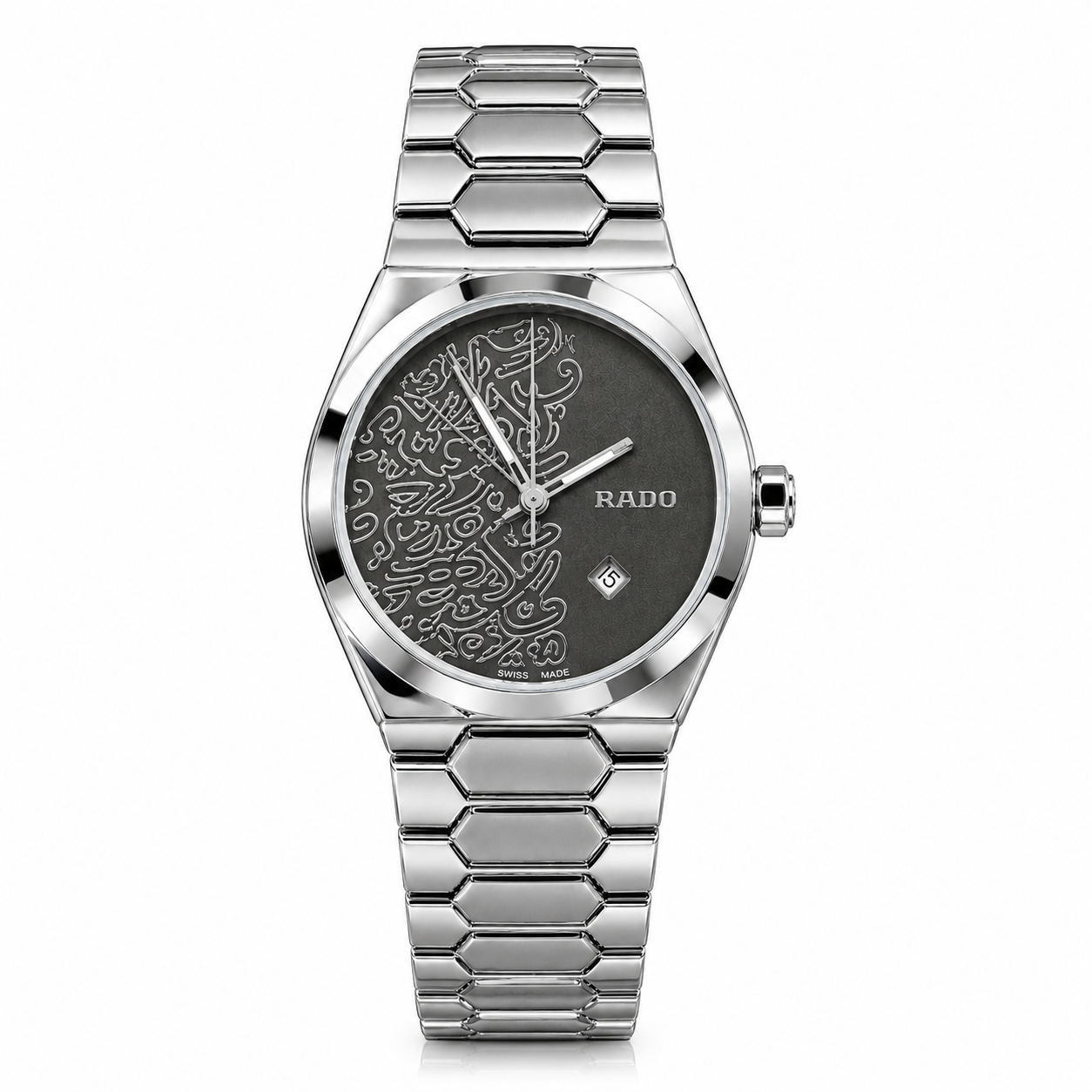 Silver-tone watch with a black art dial, silver abstract pattern, and hexagonal link stainless steel bracelet.