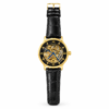 Fitron automatic skeleton watch with gold case, exposed movement, blue hands, and black leather strap.