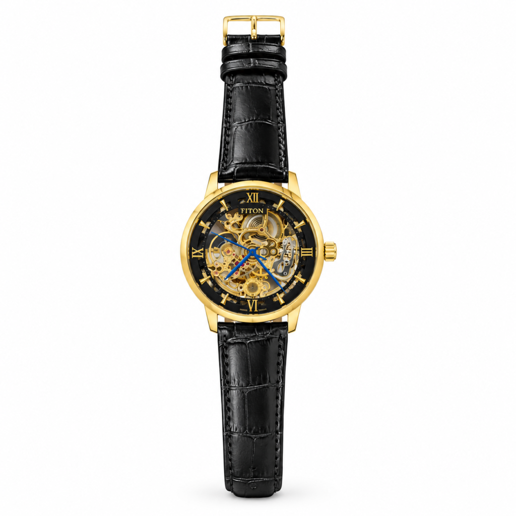 Fitron automatic skeleton watch with gold case, exposed movement, blue hands, and black leather strap.