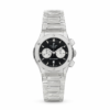 Silver sport watch with black dial, two sub-dials, date window, and stainless steel bracelet.