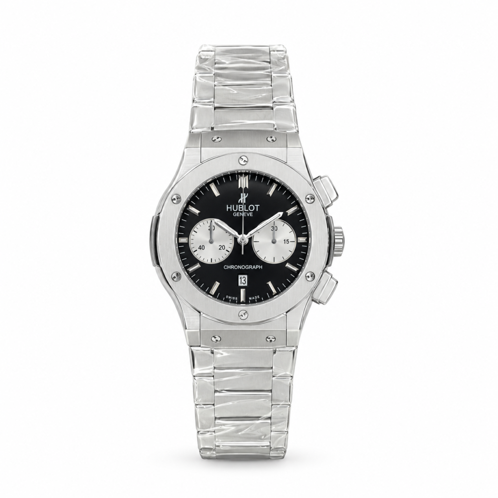 Silver sport watch with black dial, two sub-dials, date window, and stainless steel bracelet.