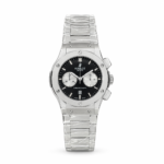 Silver sport watch with black dial, two sub-dials, date window, and stainless steel bracelet.