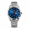 Classic day-date watch with blue sunburst dial, silver indices, red seconds hand, and stainless steel bracelet.
