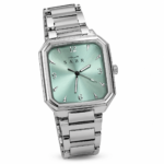 ABR rectangular dress watch with mint green sunburst dial and silver stainless steel bracelet, displayed in original box.