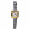 Square two-tone watch with white Arabic numeral dial, calligraphy motif, and grey leather strap.
