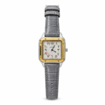 Square two-tone watch with white Arabic numeral dial, calligraphy motif, and grey leather strap.