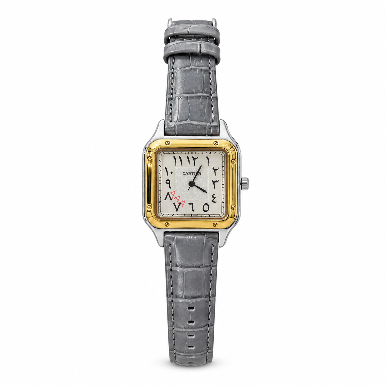 Square two-tone watch with white Arabic numeral dial, calligraphy motif, and grey leather strap.