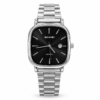 SKMEI square cushion watch with black dial, date window, and silver stainless steel bracelet.