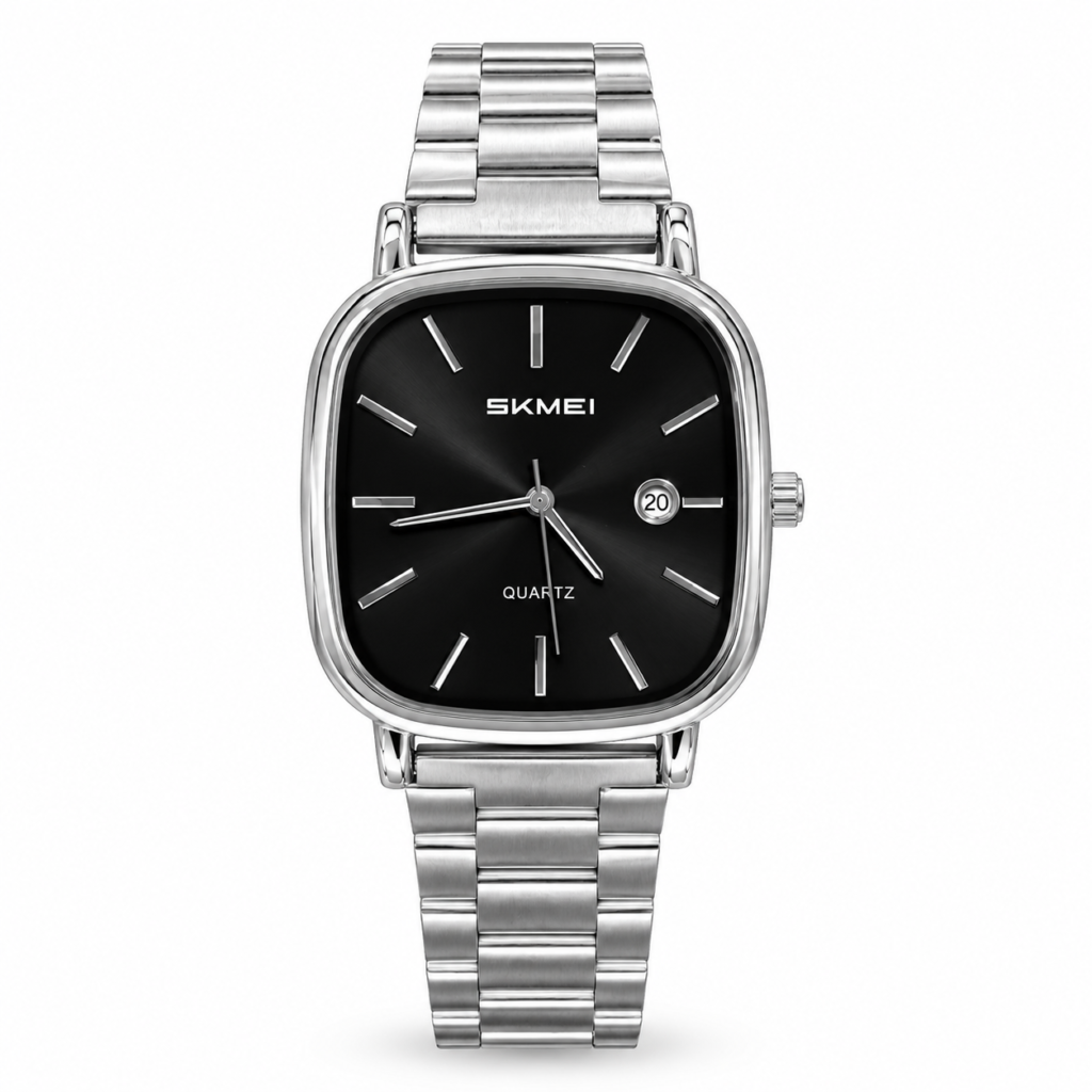 SKMEI square cushion watch with black dial, date window, and silver stainless steel bracelet.