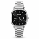 SKMEI square cushion watch with black dial, date window, and silver stainless steel bracelet.